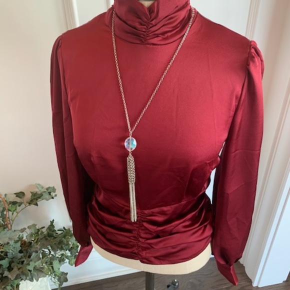 Satin Blouse w/Ruched Neckline & Waistline - Picture 3 of 11